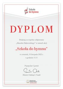 Dyplom za udział w akcji Szkoła do hymnu
