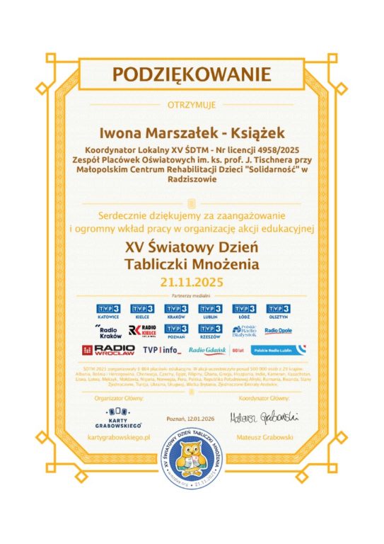 Dyplom - XV Światowy Dzień Tabliczki Mnożenia - IMK