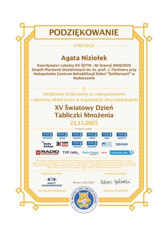 Dyplom - XV Światowy Dzień Tabliczki Mnożenia - AN