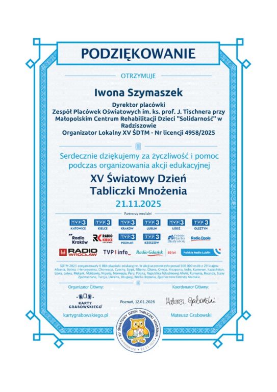 Dyplom - XV Światowy Dzień Tabliczki Mnożenia - IS