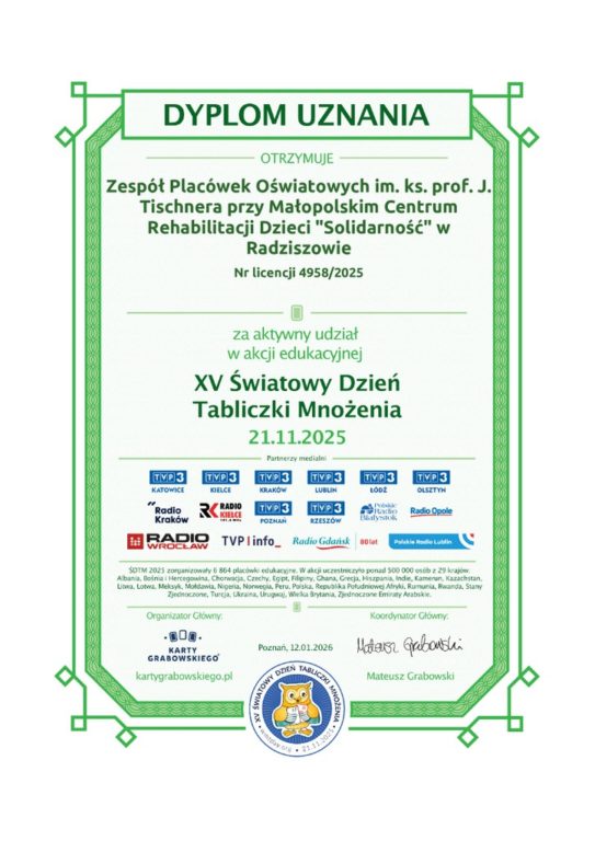 Dyplom - XV Światowy Dzień Tabliczki Mnożenia - ZPO
